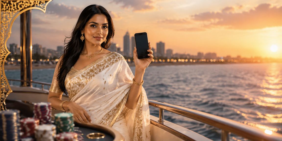 Woman using mobile playing Andar Bahar on beach in Chennai